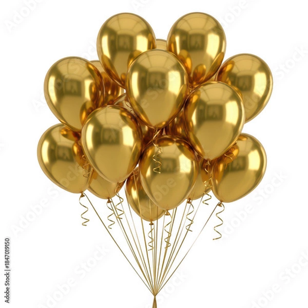 Fototapeta A bunch of shiny golden balloons isolated on transparent background