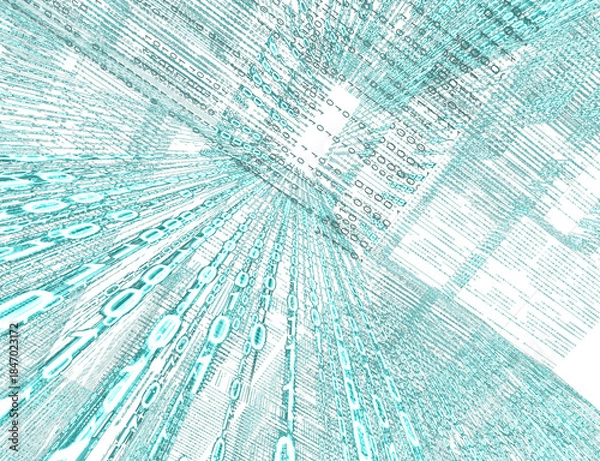 Obraz Dígitos binarios turquesa forman túnel brillante que converge hacia punto de fuga en espacio digital 3D.simbolizando flujo de datos, profundidad virtual y transformación digital.