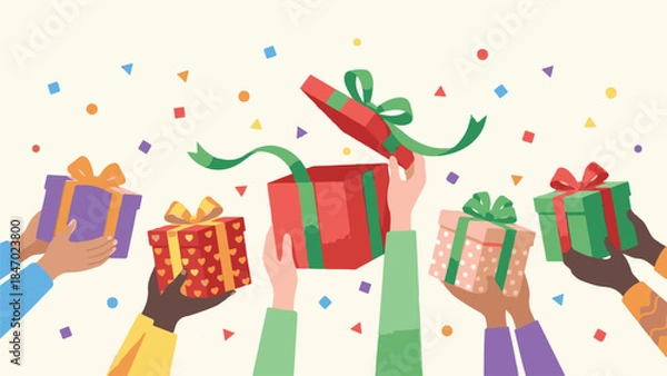 Obraz Group of diverse hands holding and opening festive gift boxes