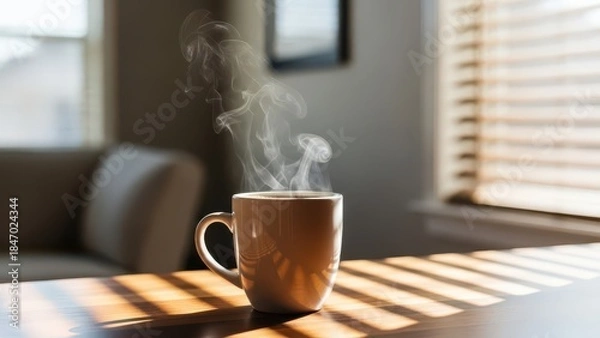 Fototapeta Steaming mug of coffee on a wooden table morning sunlight streaming through blinds cozy home atmosphere concept for relaxation and comfort