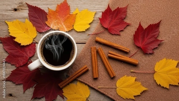 Fototapeta Cozy autumn morning with a steaming cup of coffee surrounded by colorful fall leaves and cinnamon sticks perfect for seasonal promotions and warm beverage advertising
