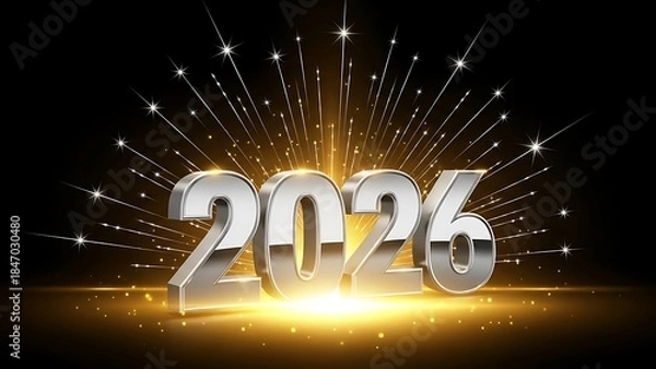 Obraz Shiny silver number 2026 with golden light effects and firework elements