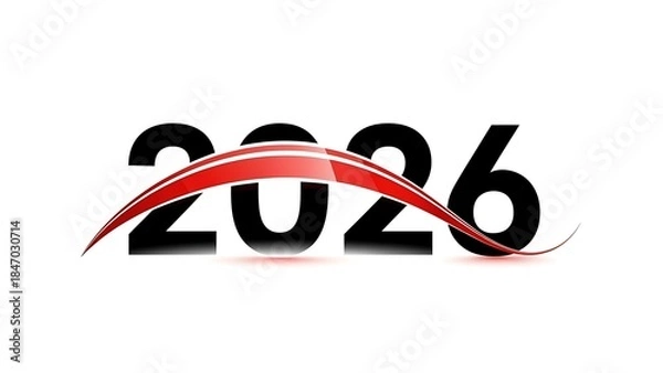 Obraz A modern graphic design featuring the number 2026 with a dynamic red ribbon element