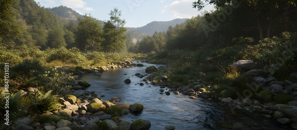 Obraz River flowing through green forest mountain landscape