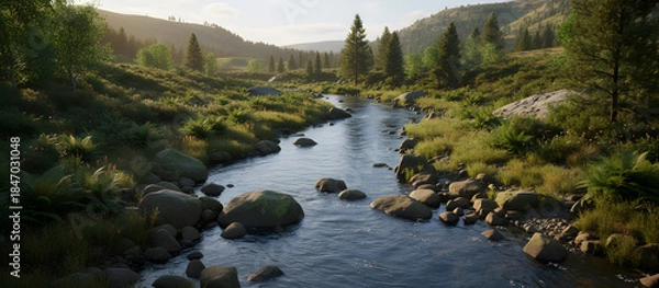 Obraz Mountain river flowing through green forest valley