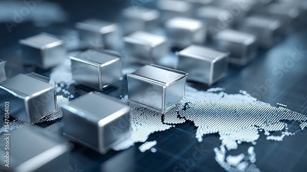 Obraz Reflective metallic silver cubes represent concepts such as global data storage, distributed ledger technology (DLT), and cloud computing architecture.