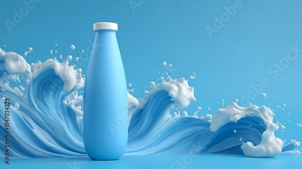 Obraz A bottle with a white cap standing in liquid, splashing.