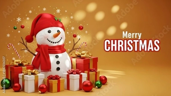 Fototapeta 3d render of a happy snowman with gifts and merry christmas text on orange background