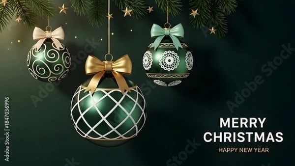 Fototapeta Three elegant green christmas ornaments with gold bows hanging on dark background