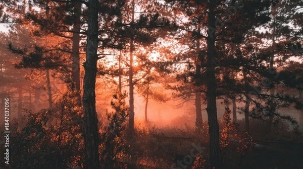 Obraz misty forest sunrise with natural color grading, peaceful composition, no people 
