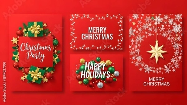 Fototapeta Set of three christmas and new year greeting cards with festive decorations
