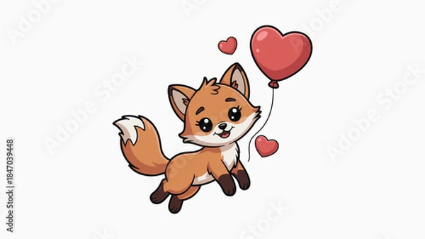 Fototapeta Cute Cartoon Fox Floating with Heart Balloon