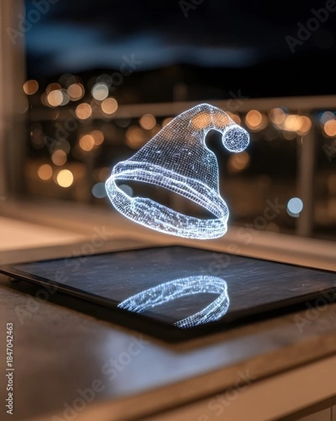 Fototapeta Cyber hologram Santa hat with glowing neon edges floating above a reflective glass surface in a futuristic holiday style