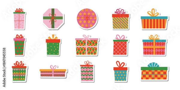 Fototapeta Festive Christmas and Birthday Present Boxes Set with Decorative Ribbons and Wrapping Paper