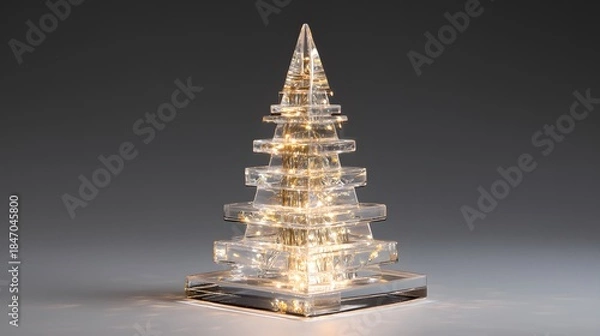 Fototapeta Glass-like Christmas tree structure with embedded micro-LED lights, shimmering glow, and reflective surfaces in an elegant futuristic decoration