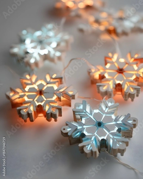 Fototapeta Glowing snowflake garland with neon-lit edges and crisp festive illumination in a decorative futuristic tech holiday design