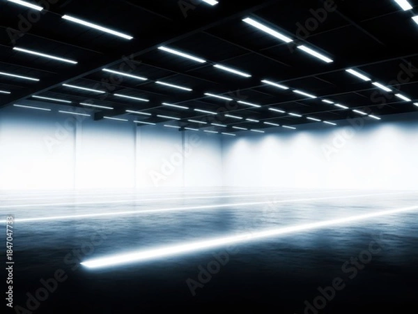 Obraz Brightly lit empty warehouse space with modern lighting