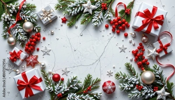 Fototapeta Festive Christmas Decoration with Presents, Baubles, and Pine in Red and White Colors on a Marble Background