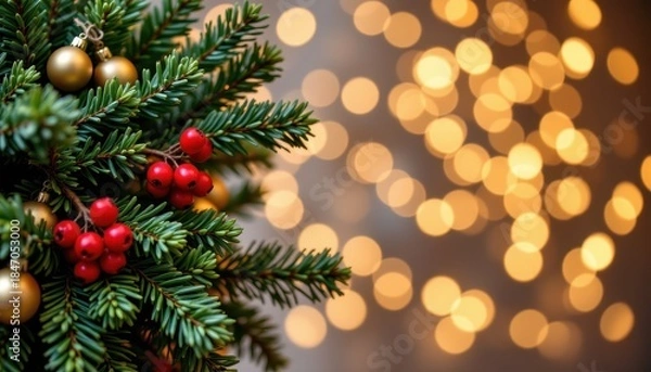 Fototapeta Festive Christmas Decorations with Green Pine Branches and Red Berries Against a Glittering Background of Warm Lights