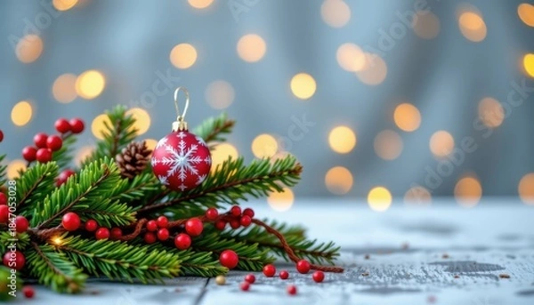 Fototapeta Festive Christmas Ornament on Pine Branch with Blurred Background and Twinkling Lights