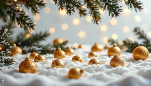 Fototapeta Golden Ornaments on Snowy Surface Surrounded by Pine Branches and Soft Bokeh Lights for Festive Holiday Atmosphere