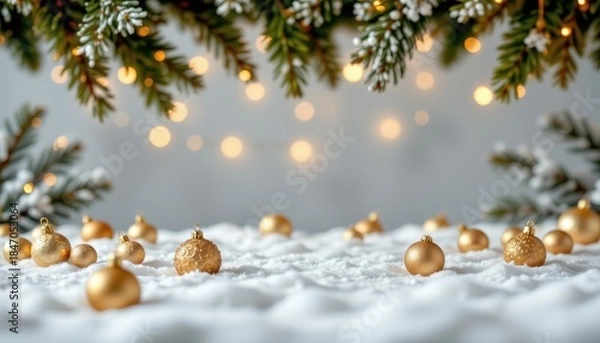 Fototapeta Elegant Gold Ornaments and Snowy Background with Pine Branches for Holiday Celebration and Winter Festivities