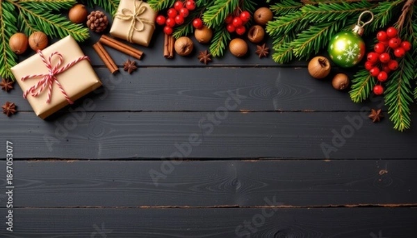 Fototapeta Festive Arrangement of Christmas Gifts with Pine Branches, Ornaments, and Spices on Dark Wooden Background
