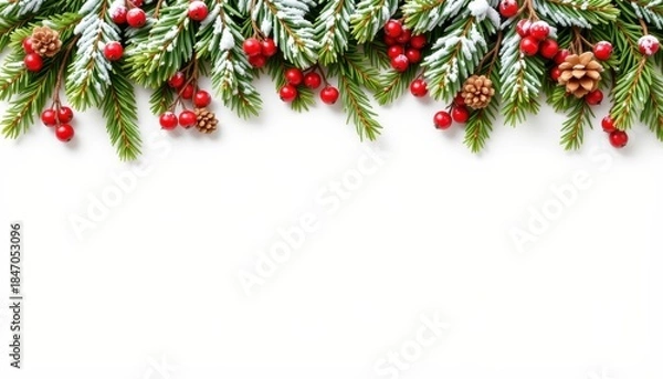 Fototapeta Holiday Evergreen Branches with Snow, Berries, and Pine Cones for Festive Winter Decoration