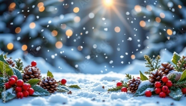 Fototapeta Winter Wonderland Scene with Snow, Pinecones, and Berry Accents in a Magical Snowfall Atmosphere