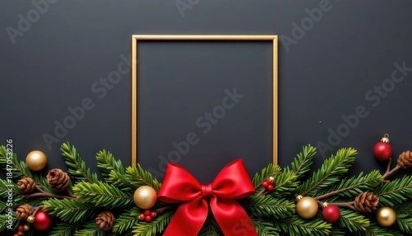 Fototapeta Elegant Christmas Frame with Red Ribbon and Festive Decorations on Dark Background