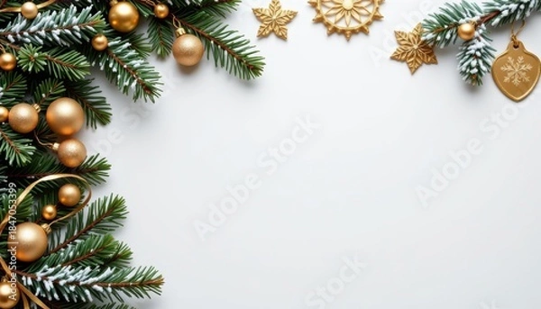 Fototapeta Festive Christmas Decoration with Evergreen Branches, Gold Ornaments, and Snowflakes on a White Background
