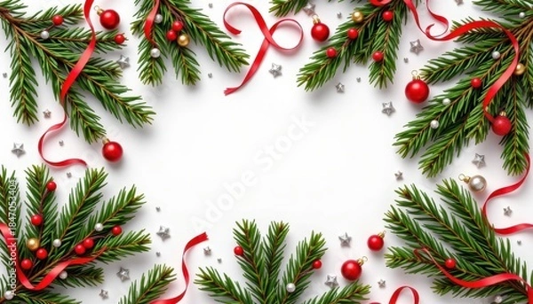 Fototapeta Festive Christmas Arrangement with Pine Branches, Red Ornaments, Ribbons, and Silver Stars on a White Background