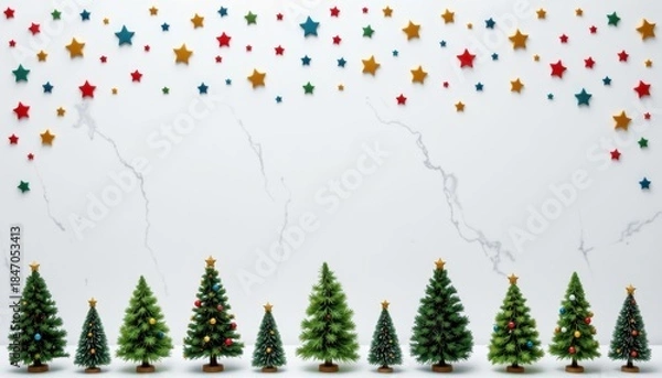 Fototapeta Festive Christmas Trees with Colorful Stars and Decorations on a Marble Background