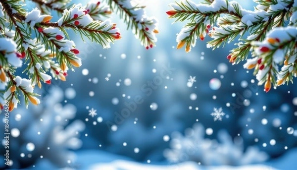 Fototapeta Serene Winter Scene with Snow-Covered Pine Branches and Soft Falling Snowflakes in Dreamy Forest Background