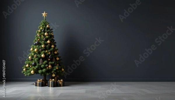 Fototapeta Elegant Christmas Tree with Gold and Black Ornaments in Modern Interior Setting