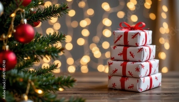 Fototapeta Cozy Christmas Scene with Gift Boxes, Evergreen Tree, and Beautiful Holiday Lights in a Warm Atmosphere