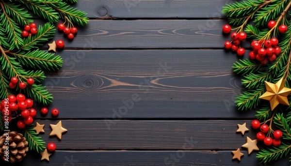 Fototapeta Festive Wooden Background with Pine Branches, Berries, Stars and Pinecones for Holiday Season Decorations