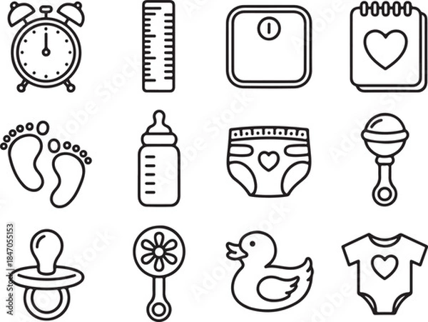 Obraz Set of 12 baby care and newborn icons, line art style alarm clock, ruler, weight scale, calendar, footprints, baby bottle, diaper, rattle, pacifier, flower rattle, rubber duck, and baby clothes