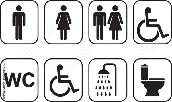 Obraz Set of eight black and white icons for restrooms, toilets, showers, and accessibility, including male, female, unisex, wc, and wheelchair symbols