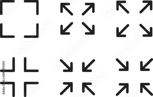 Obraz Set of nine icons for fullscreen, expand, and corner frame actions, black line art