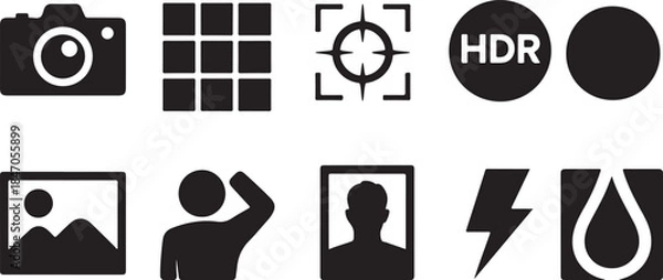 Obraz Set of black and white camera and photography icons, including camera, grid, focus, hdr, image, person, portrait, flash, and water drop symbols