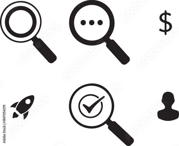 Obraz Set of six black and white icons representing search, finance, speed, and user profile for web design and business concepts