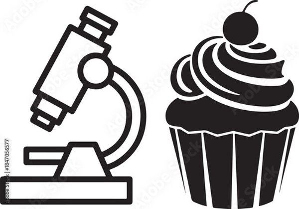Obraz Microscope and cupcake icon set science and baking symbols in black and white outline style