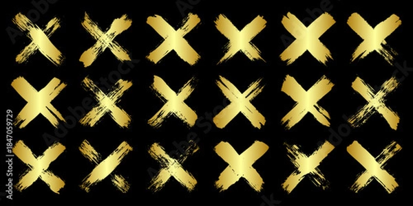 Obraz Golden grunge crosses, brush strokes, lines, ink smudges, hand-drawn scribble shapes. Handmade sketchy marks, acrylic stains, charcoal streaks. Paint textures, dry brush effect. Vector illustration