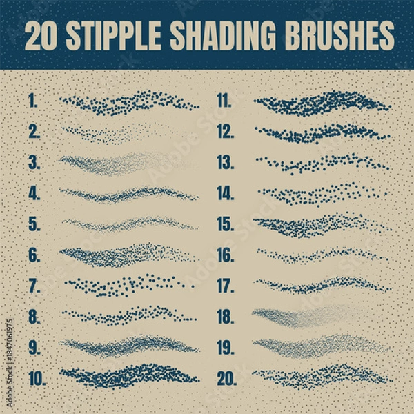 Obraz Ink scatter brush, stipple drawing and texturing. Fading gradient. Stippling, dotwork drawing, shading using dots. Halftone disintegration effect. White noise grainy texture. Vector illustration