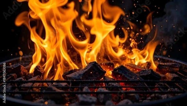 Fototapeta Barbecue Grill Embers With Flames And Abstract Sparks