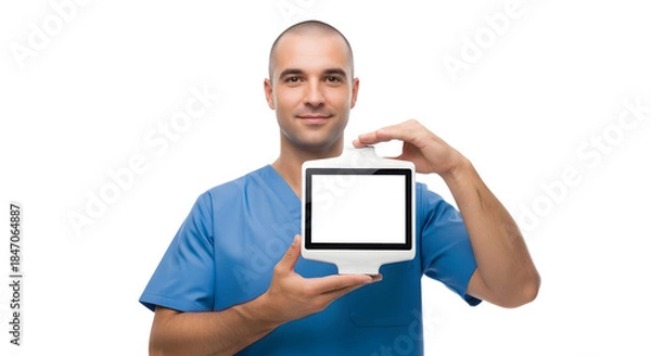 Obraz A happy male doctor wearing scrubs proudly displays a modern white digital tablet with a blank screen