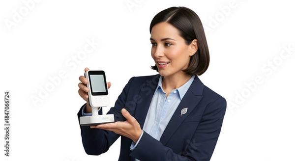 Obraz Smiling woman in business attire showcasing a sleek portable point of sale device for efficient commerce