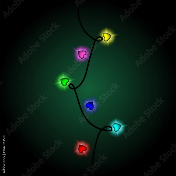 Obraz Neon Heart Garland with Colorful Glowing Lights on Dark Background