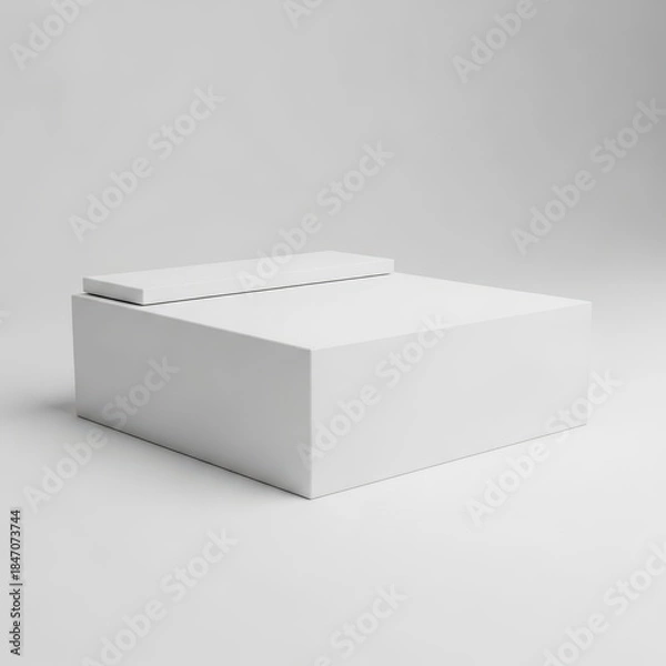 Obraz Minimalist composition featuring two white geometric forms a rectangular prism and a flat plane on a seamless background
